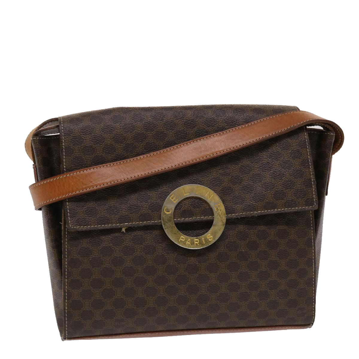 Celine Macadam Canvas Shoulder Bag Pvc Leather Brown Auth 49113